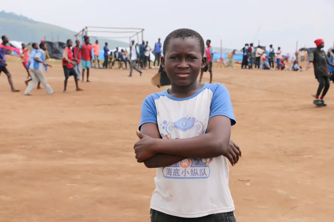 A young refugee boy on a soccer field at the Child Friendly Space, a facility set up by the NGO Spring Communities with support from UNICEF and funding from the Government of Navarra at the Congolese refugee camp in Busuma. 