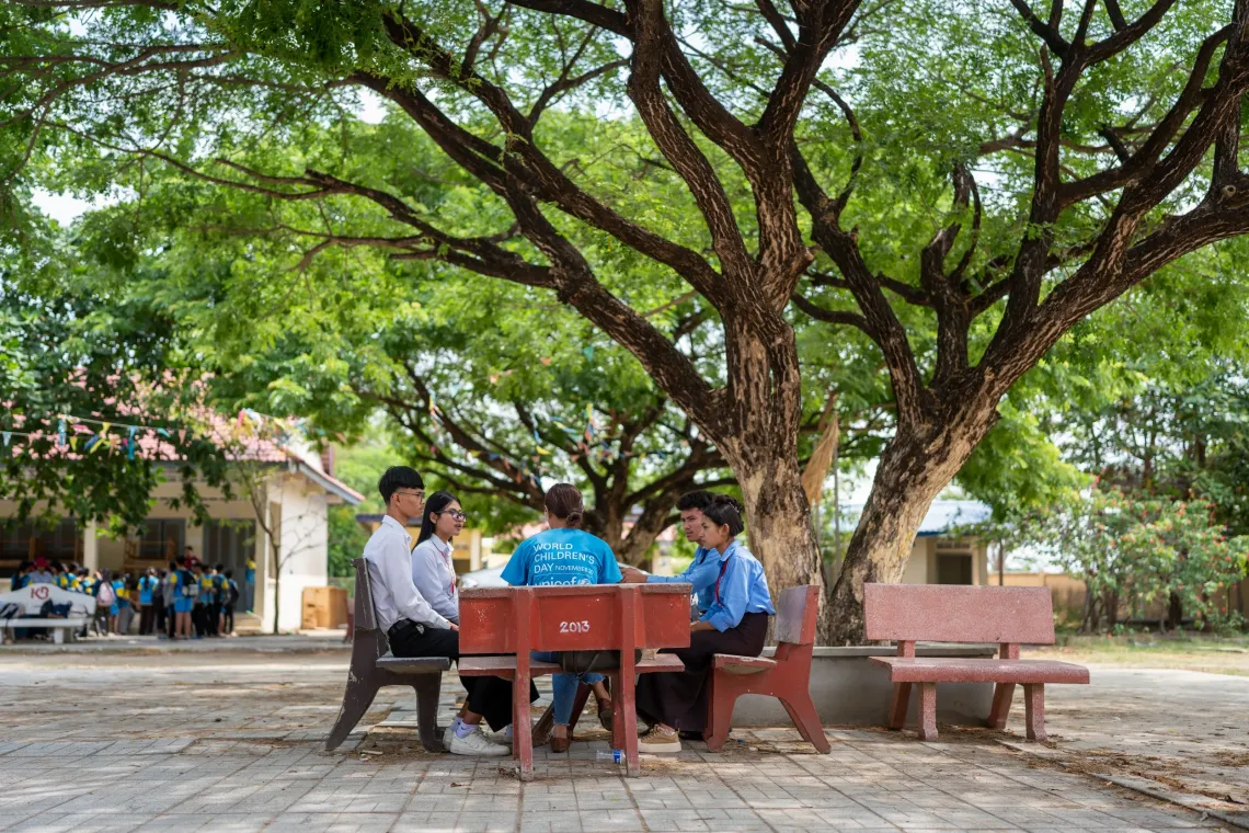 Rachana Cheu, UNICEF Cambodia child and adolescent mental health consultant, leads informal youth consultations on mental health at a secondary school in Phnom Penh
