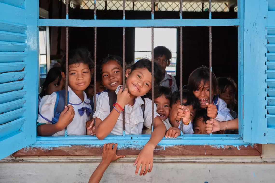 Once abandoned, classrooms at this Tonle Sap floating school are today filled with students
