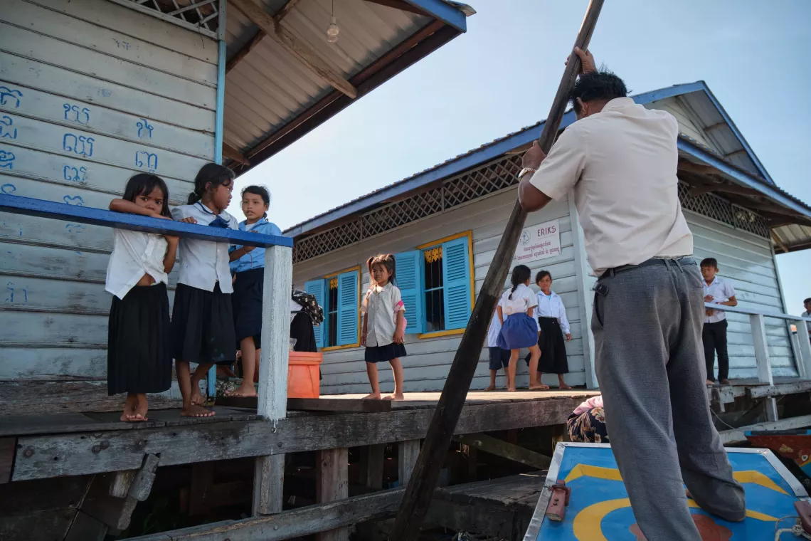Dei Roneat Primary School is a floating school on the Tonle Sap Lake, an hour by speedboat from the mainland 