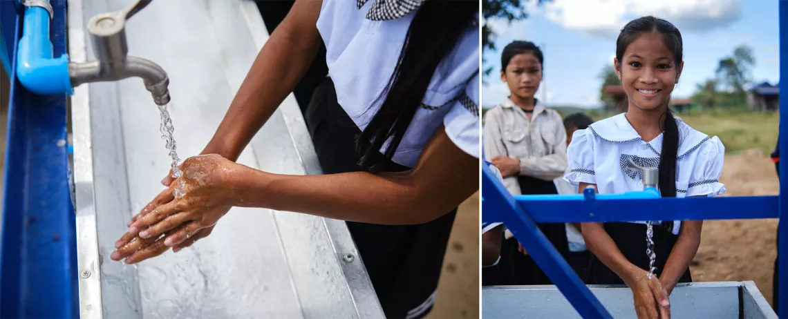 11-year-old Srey Nov says that she washes her hands two or three times during the school day, more than she did before the new facilities were installed