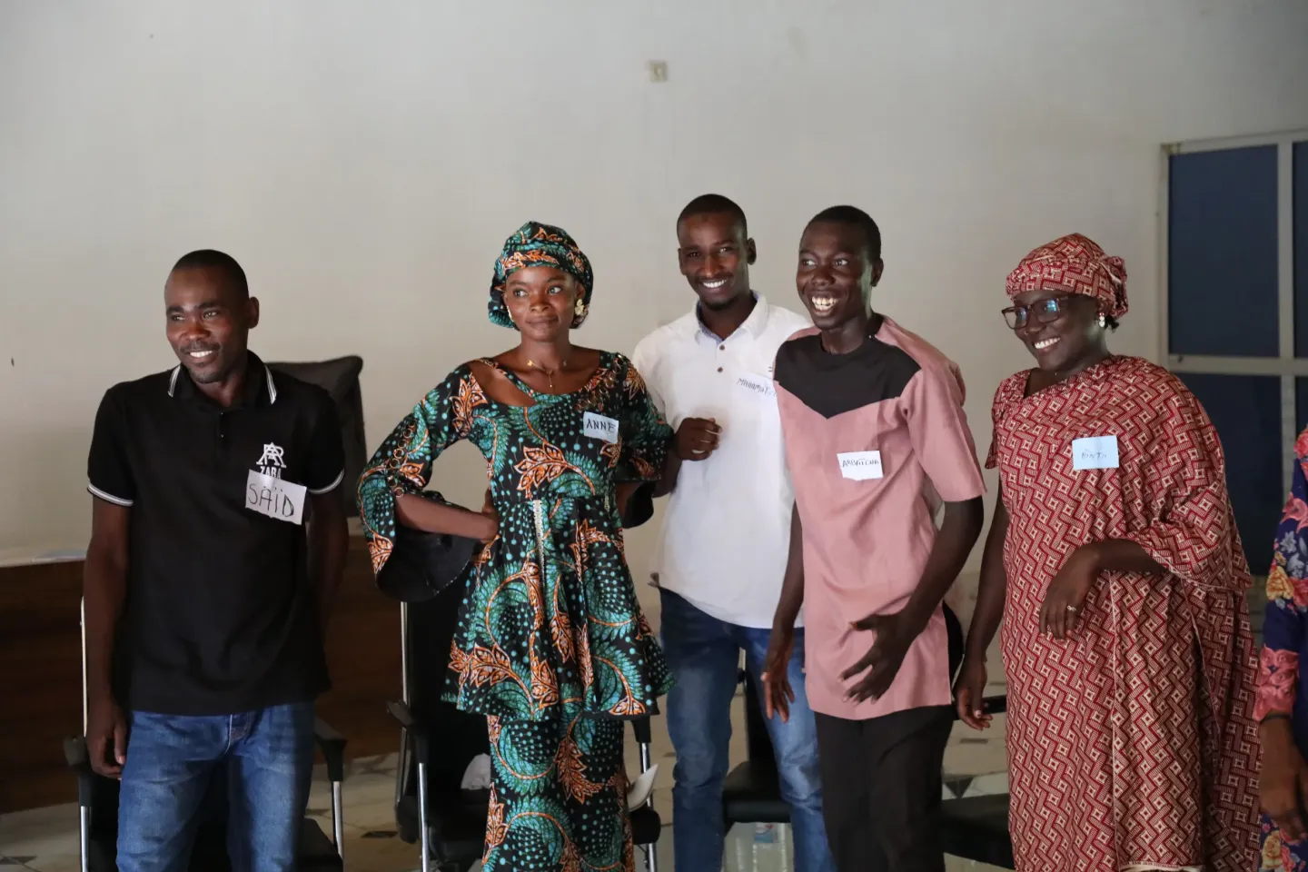 Five participants stand together during UNICEF&rsquo;s I Am Music training in Maroua, Cameroon, taking part in a group learning activity.