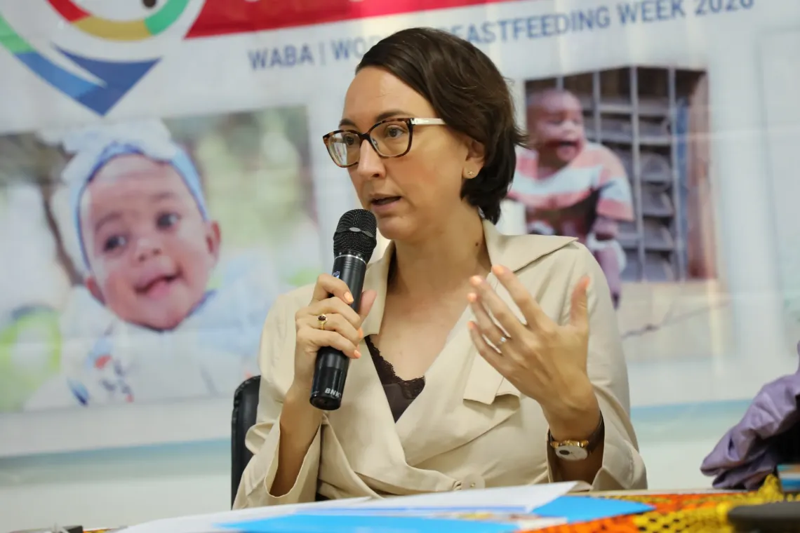 uliette Haenni, Deputy Representative of UNICEF Cameroon, addresses participants during a Media Caf&eacute; on World Breastfeeding Week 2026.