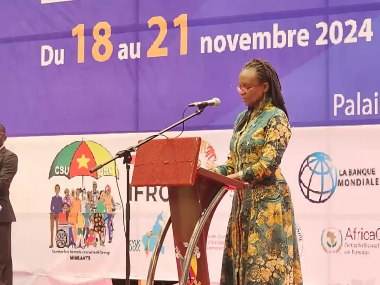 UNICEF Cameroon Representative Ms. Nadine Perrault is delivering a speech during the Forum