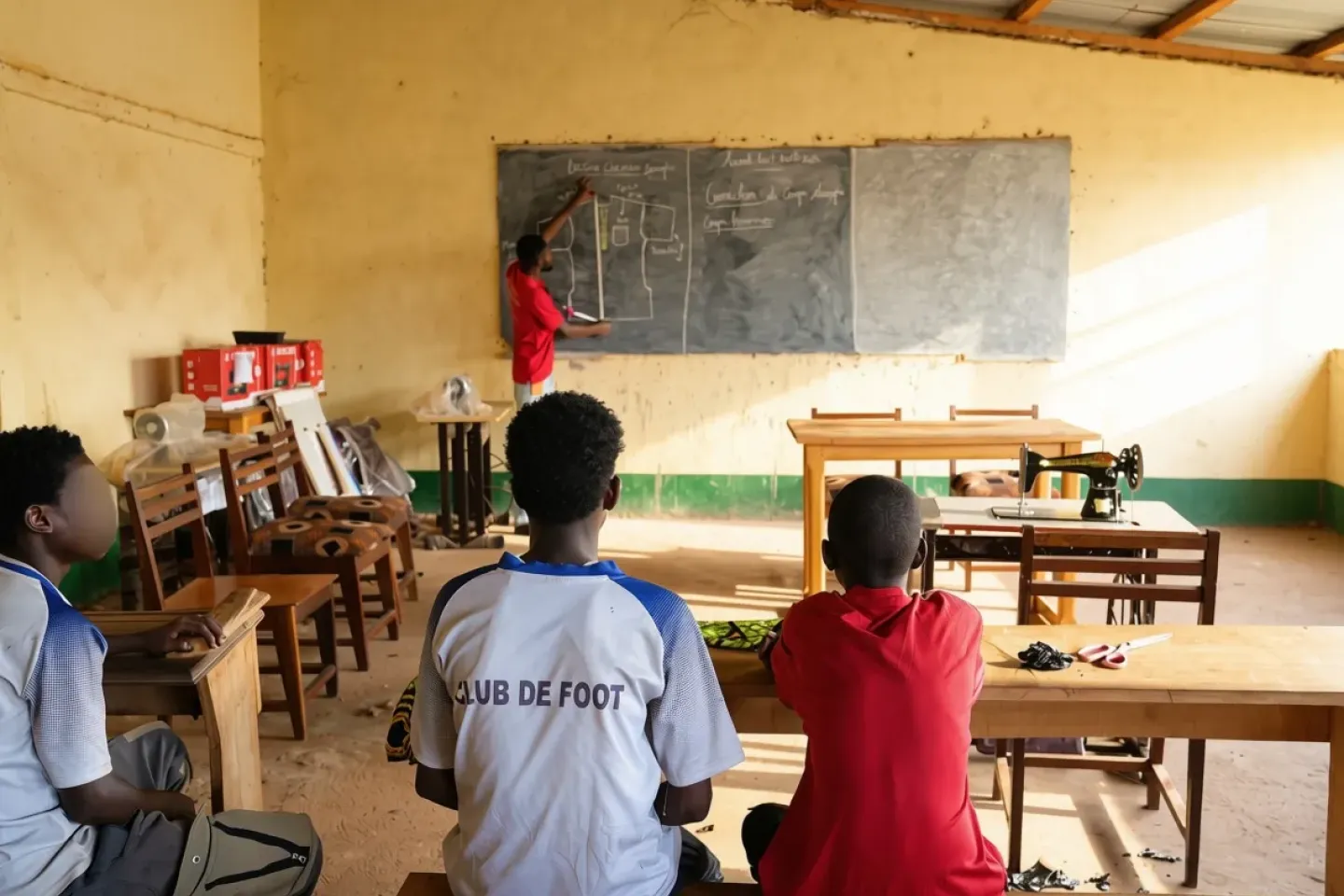 Enfants pr&eacute;c&eacute;demment associ&eacute;s aux groupes arm&eacute;s suivant un cours de coupe et couture. 