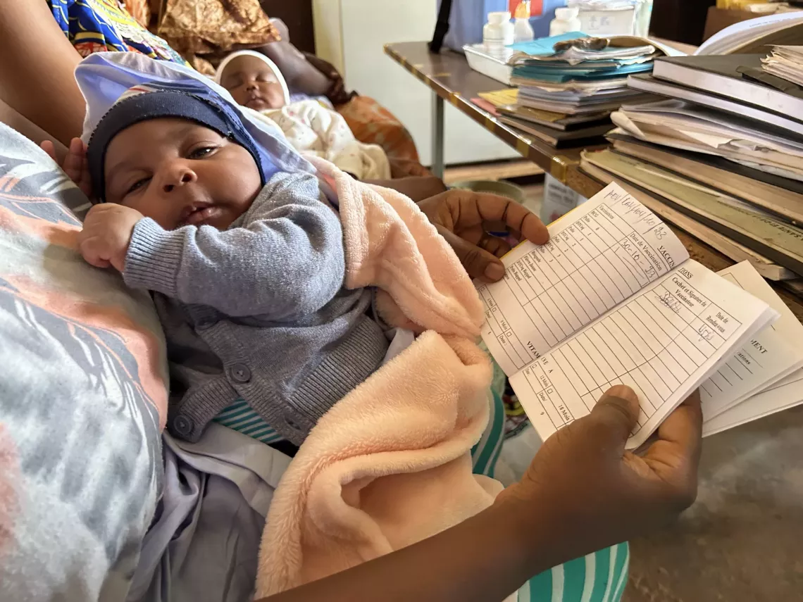 Jaden is 45 days old. He is at the Bangui health centre with his mother to receive his second vaccine. 