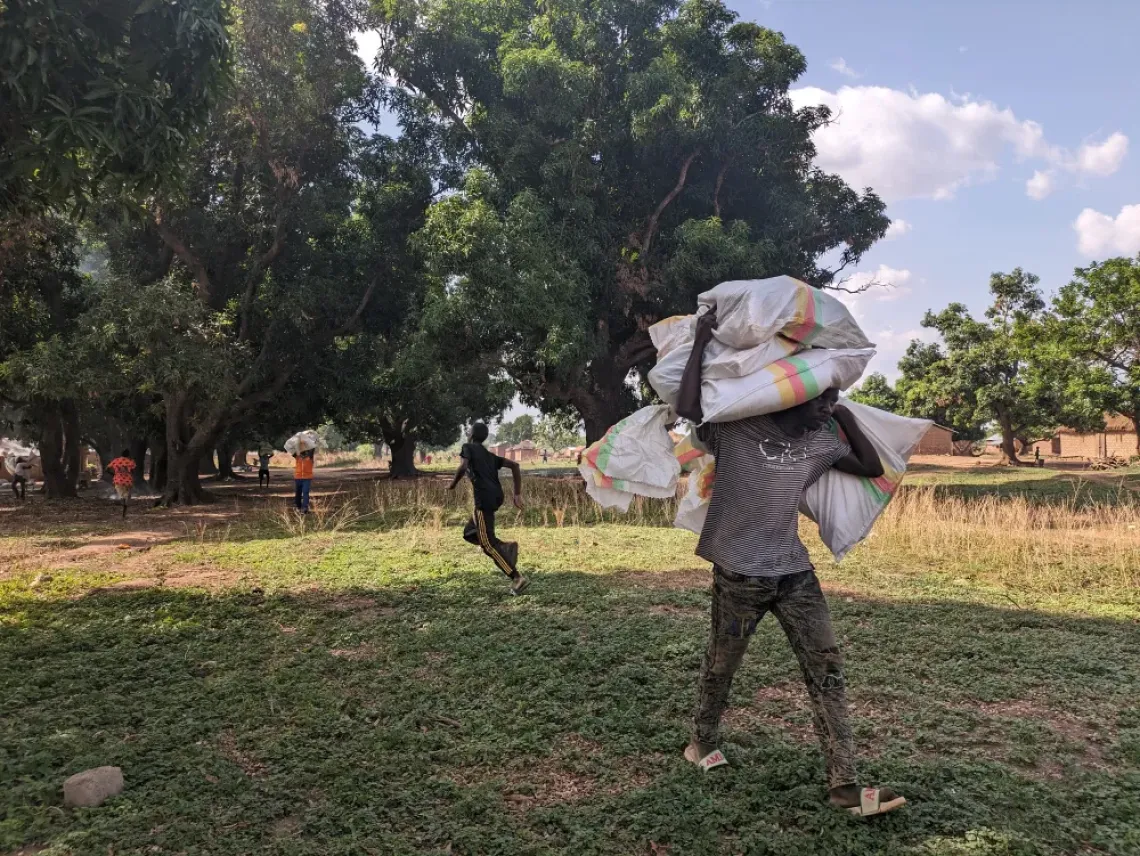 Following an unexpected attack by a swarm of bees, youngsters from Bedjangala village hurriedly collect some relief items and transfer them to a safe place