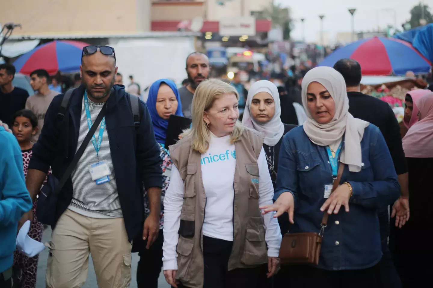 Catherine Russell, UNICEF Executive Director, and Ted Chaiban, UNICEF Deputy Executive Director for Humanitarian Action and Supply Operations, visit Al Naser Hospital in Khan Younis in southern Gaza Strip on 14 November 2023.