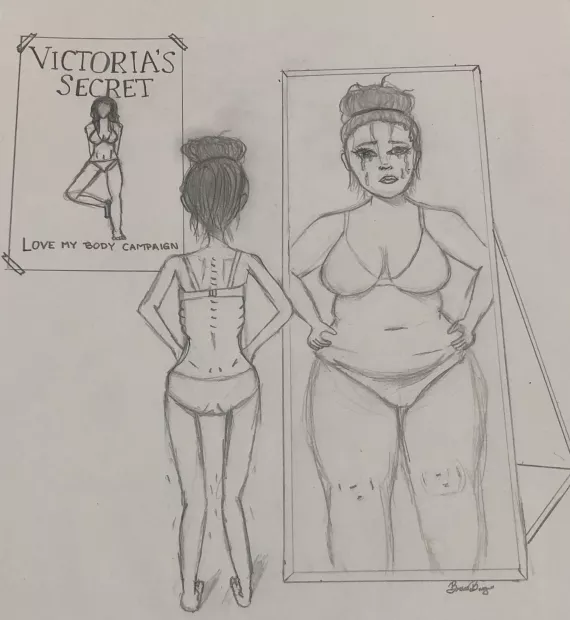 A drawing depicting a woman looking at the mirror