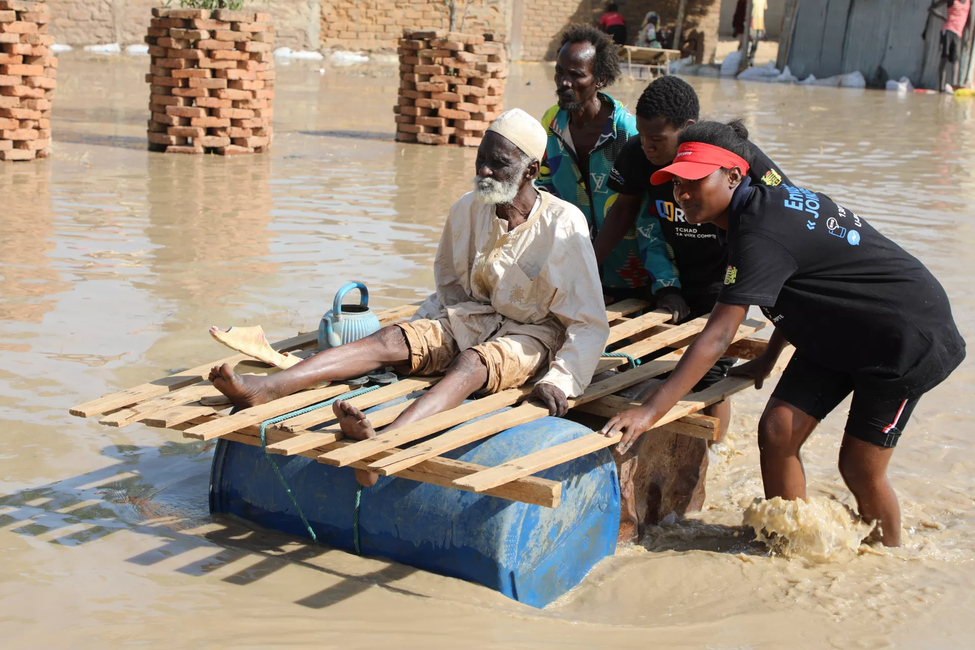 An old man rescued by young people.