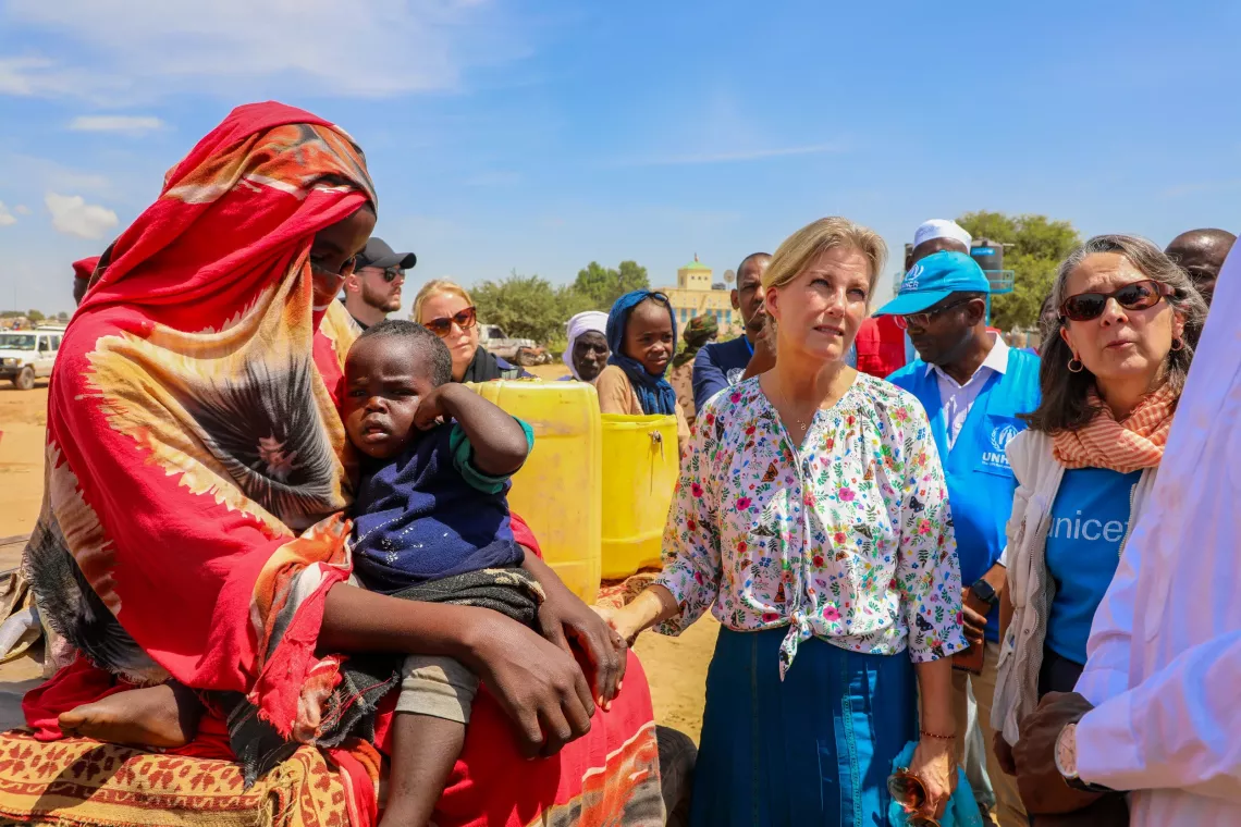 Her Royal Highness, The Duchess of Edinburgh, and UNICEF Deputy Representative in Chad, Dr Sophie L&eacute;onard, meet a refugee woman in Adr&eacute;, on the border with Sudan.
