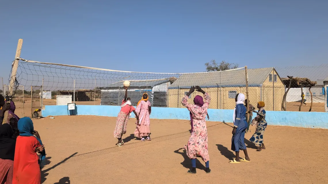 At Farchana refugee camp in eastern Chad, children play volleyball at the Child-Friendly Space, a safe place dedicated to play, psychosocial support, and children&rsquo;s well-being.