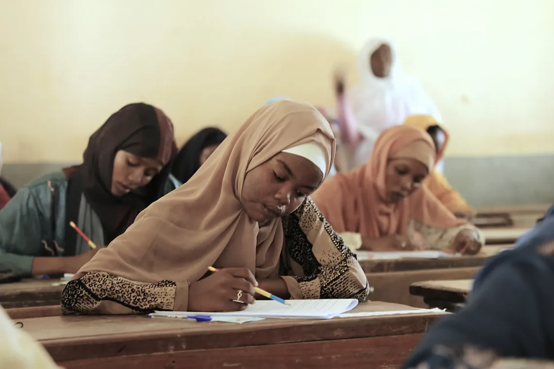 Students taking their exams on the first day of assessments at a centre in Ab&eacute;ch&eacute;.
