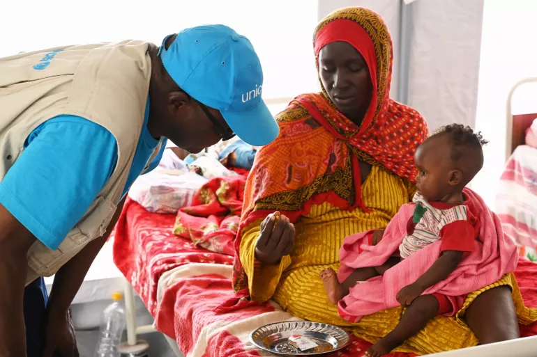 Raoda Ibrahim Fadou, a 38 years old mother of 10 children, at the by UNICEF installed nutritional unit at the refugee site of Adr&eacute;, in the East of Chad, close to the border of Sudan.