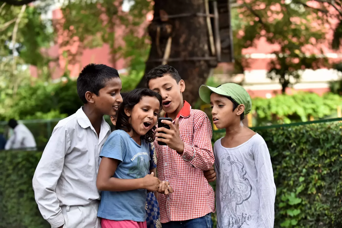 Children from slums and mobile phone use, at St. Columba&rsquo;s School, Delhi.