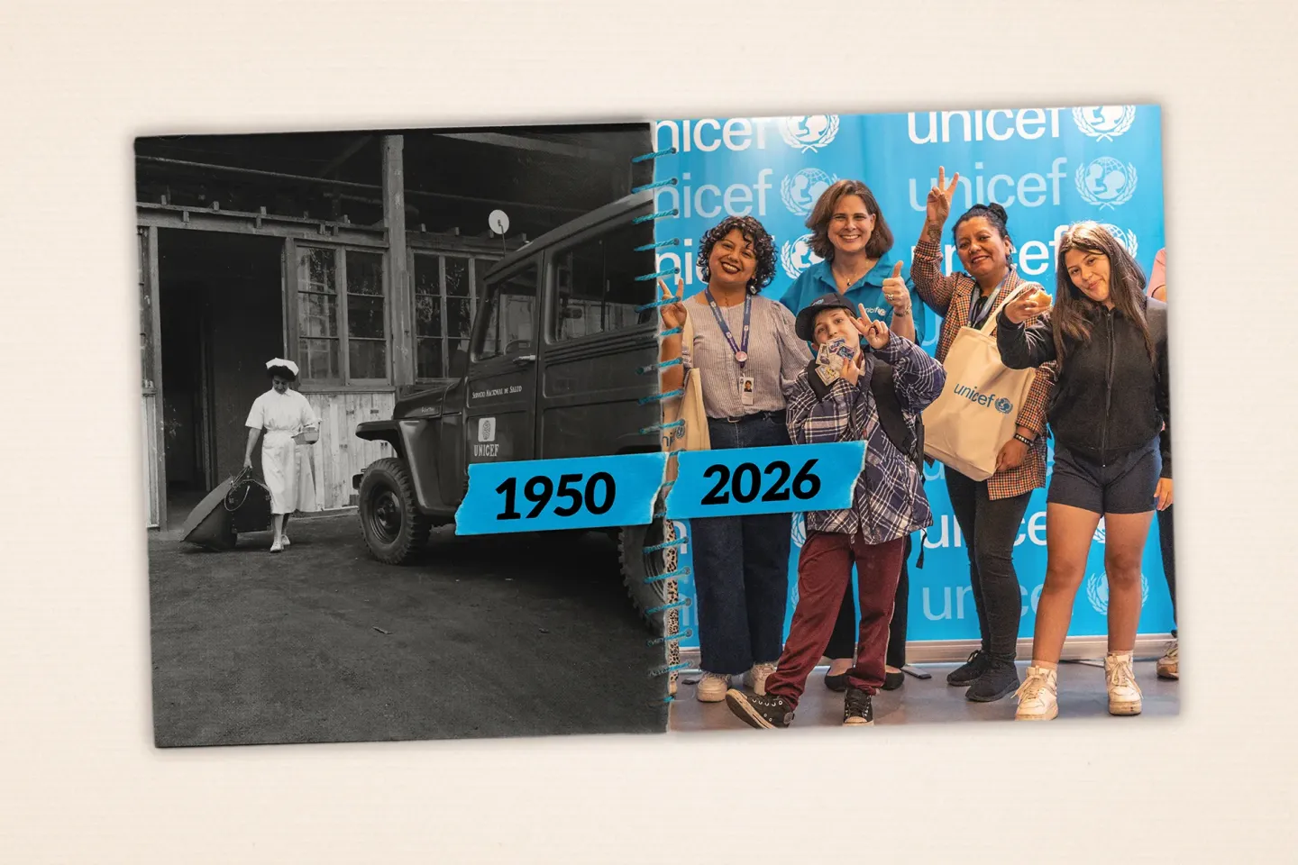 Foto contrastante de trabajadores de UNICEF antes y despu&eacute;s