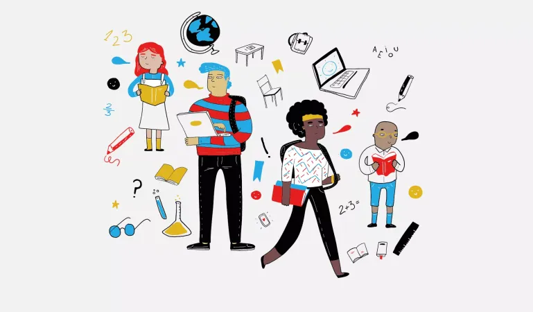 Ilustraci&oacute;n de ni&ntilde;a, ni&ntilde;o, adolescentes y elementos de escuelas y aprendizaje