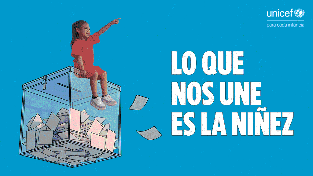 Banner animado con ni&ntilde;os y ni&ntilde;as sobre una urna