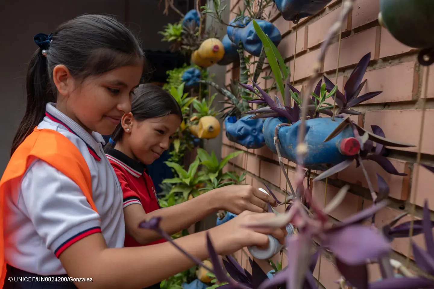 Ni&ntilde;as con una huerta urbana en Colombia