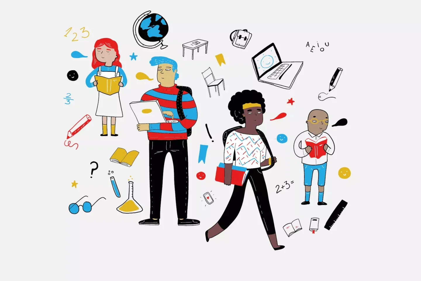 Ilustraci&oacute;n de ni&ntilde;a, ni&ntilde;o, adolescentes y elementos de escuelas y aprendizaje