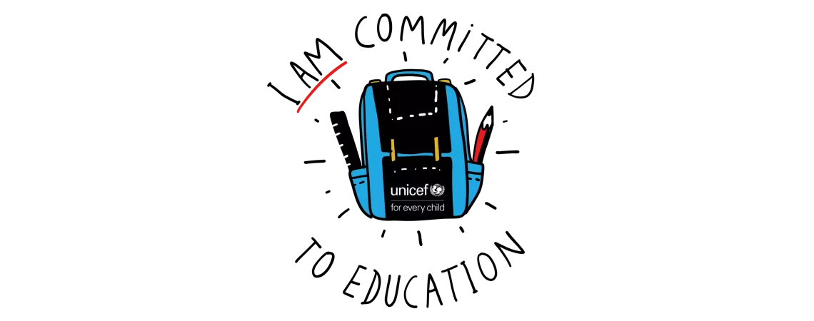 Ilustration of a backpack and the sign: i am committed to education