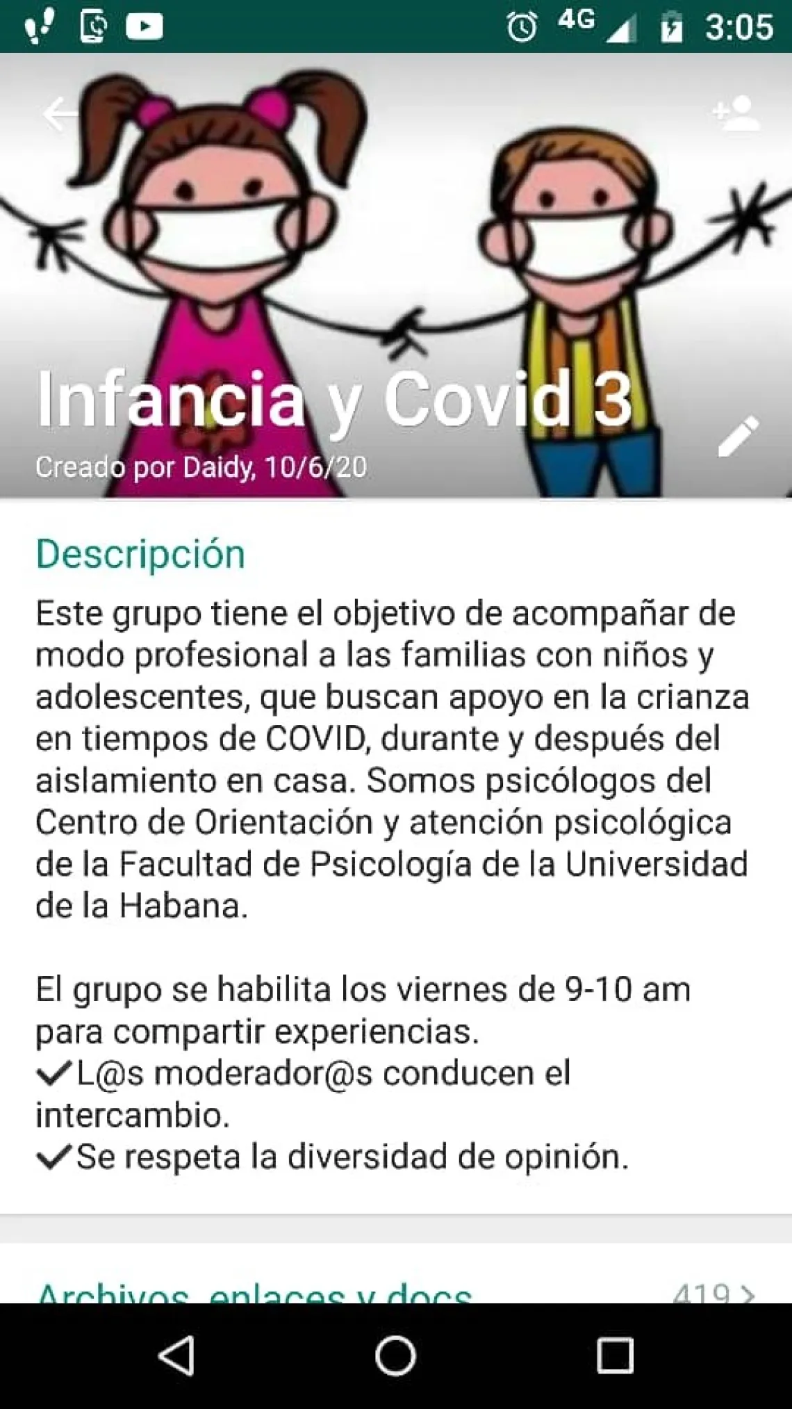 Vista de un grupo de ayuda psicosocial en WhatsApp