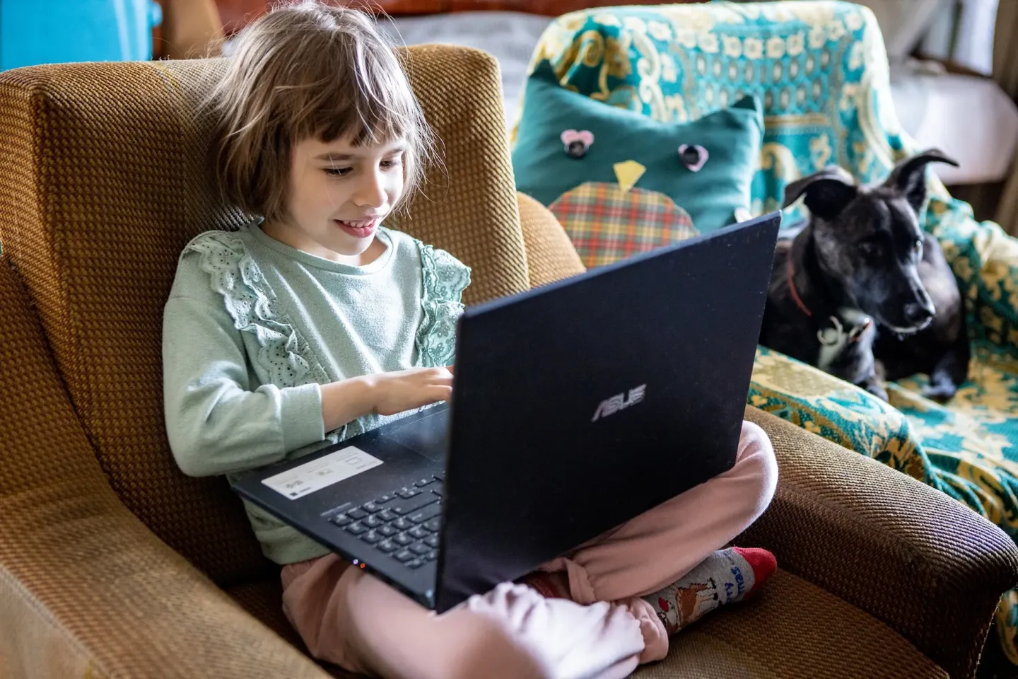 Six-year-old Myroslava, attends an online kindergarten. The kindergarten, launched by UNICEF and the Ministry of Education and Science in cooperation with the Ptashenya Children's Space