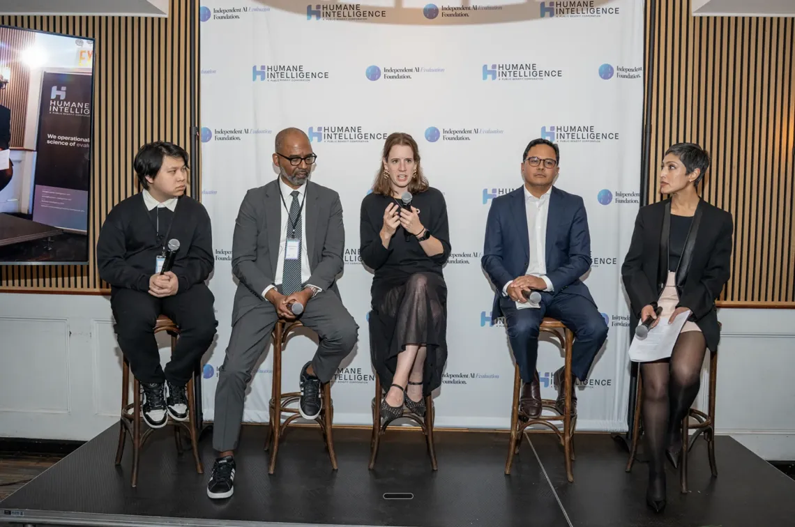 Henrietta Ridley, Chief AI, UNICEF (centre), highlights the importance of AI benchmarking for children during a panel discussion. 