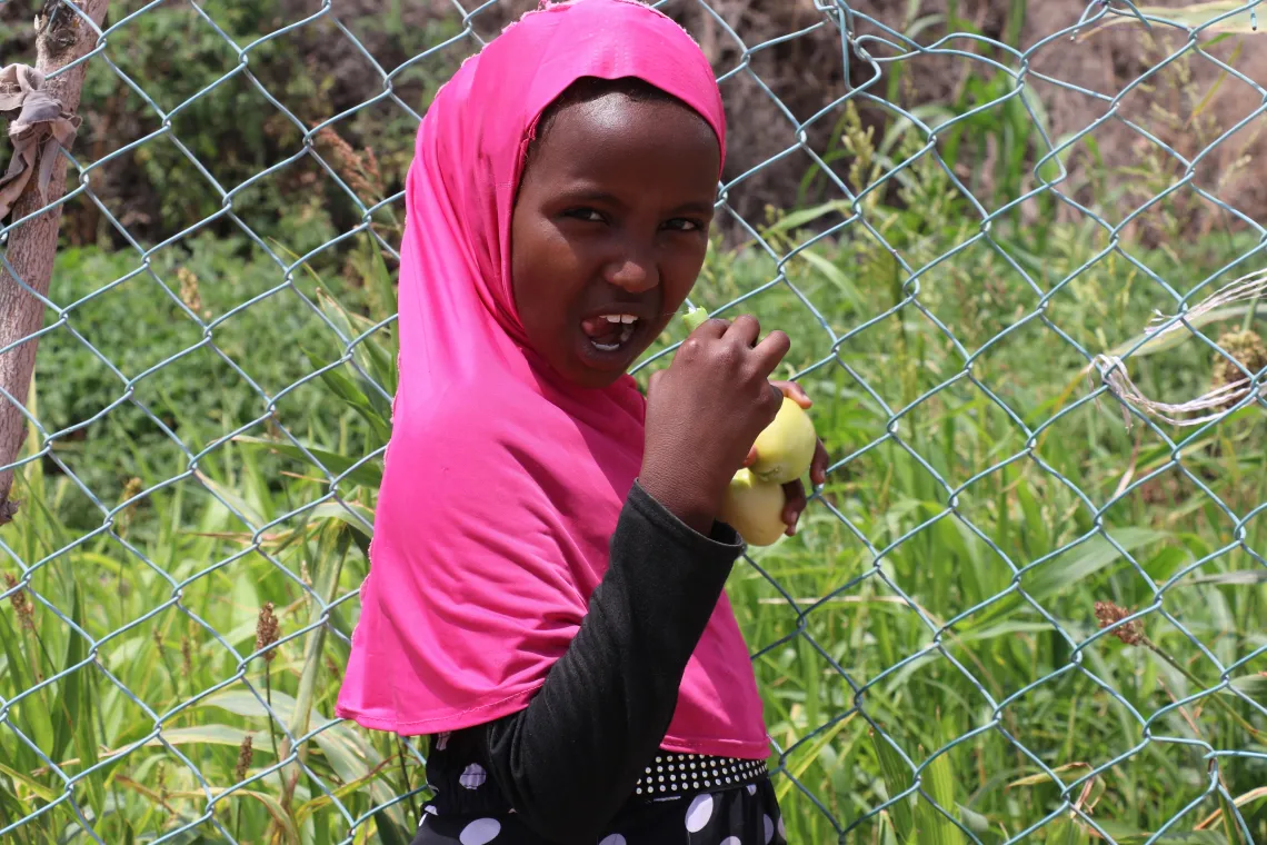 A young girl standing close to an agro-pastoral nutrition garden.
