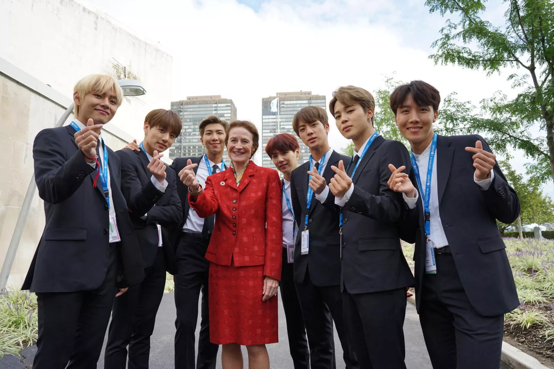 BTS outside the United Nations in New York with Henriette Fore, UNICEF Executive Director