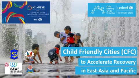 Child Friendly Cities to accelerate recovery in East Asia and the Pacific - cover photo featuring two boys on a bicycle in the city