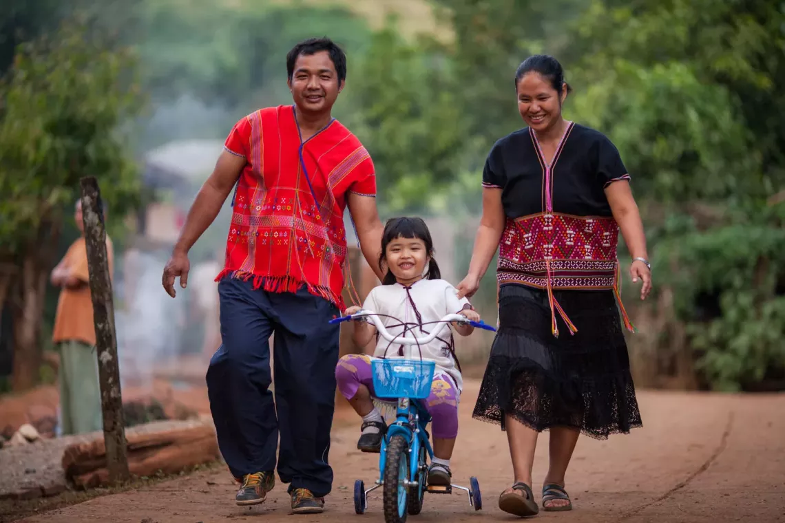 Ingfah Chommeelap, pre-school child at Baan Wanaluang School in the northern province of Mae Hong Son, and her family