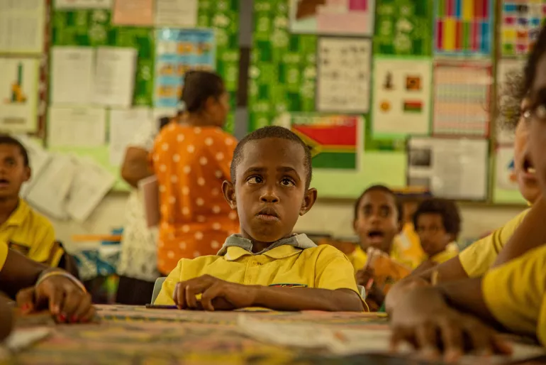 Trino (10yrs), a child living with disability, in a mainstream classroom in Freswota, Port Vila, Vanuatu