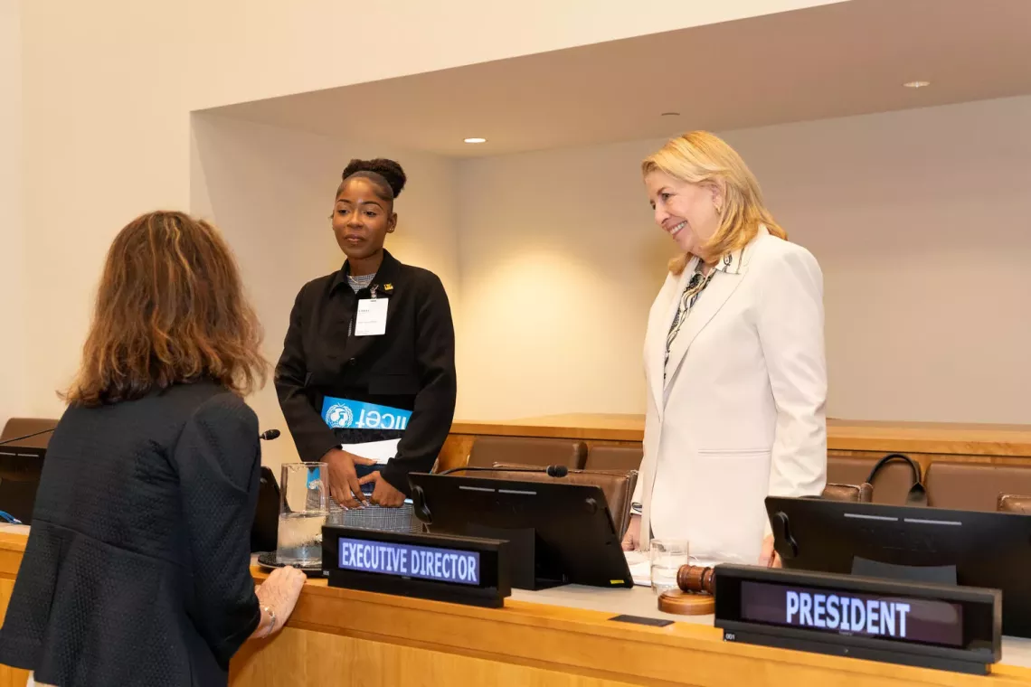 Ms. Catherine Russell (right), Executive Director of UNICEF, and Ms. Adia Daniel (centre), Climate Activist representing the Caribbean, speak with another participant  