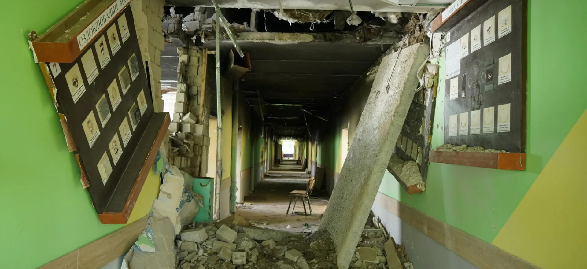 A view of the damage caused to the school in Buzova, Ukraine, which was heavily impacted by hostilities in February and March 2022. 