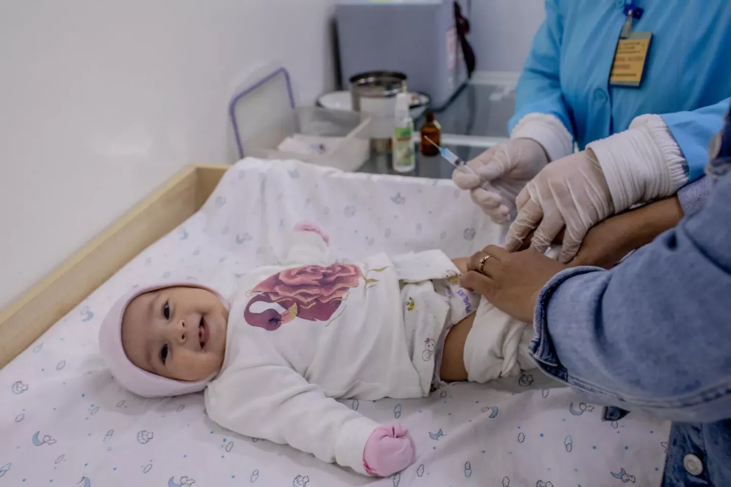 Three-month-old Fotima Burizoda smiles before getting vaccinated as part of her routine childhood immunization session at a health centre in Dushanbe, Tajikistan. She will receive the rotavirus vaccine, the pentavalent vaccine, and a vaccine against Polio &ndash; OPV, which will be her second polio vaccination. &ldquo;Vaccines are very important for children. They prevent them from different diseases,&rdquo; says Fotima&rsquo;s mother, &ldquo;I don&rsquo;t have any concern. The first time we came here, she had a little fever, but it passed.&rdquo; 