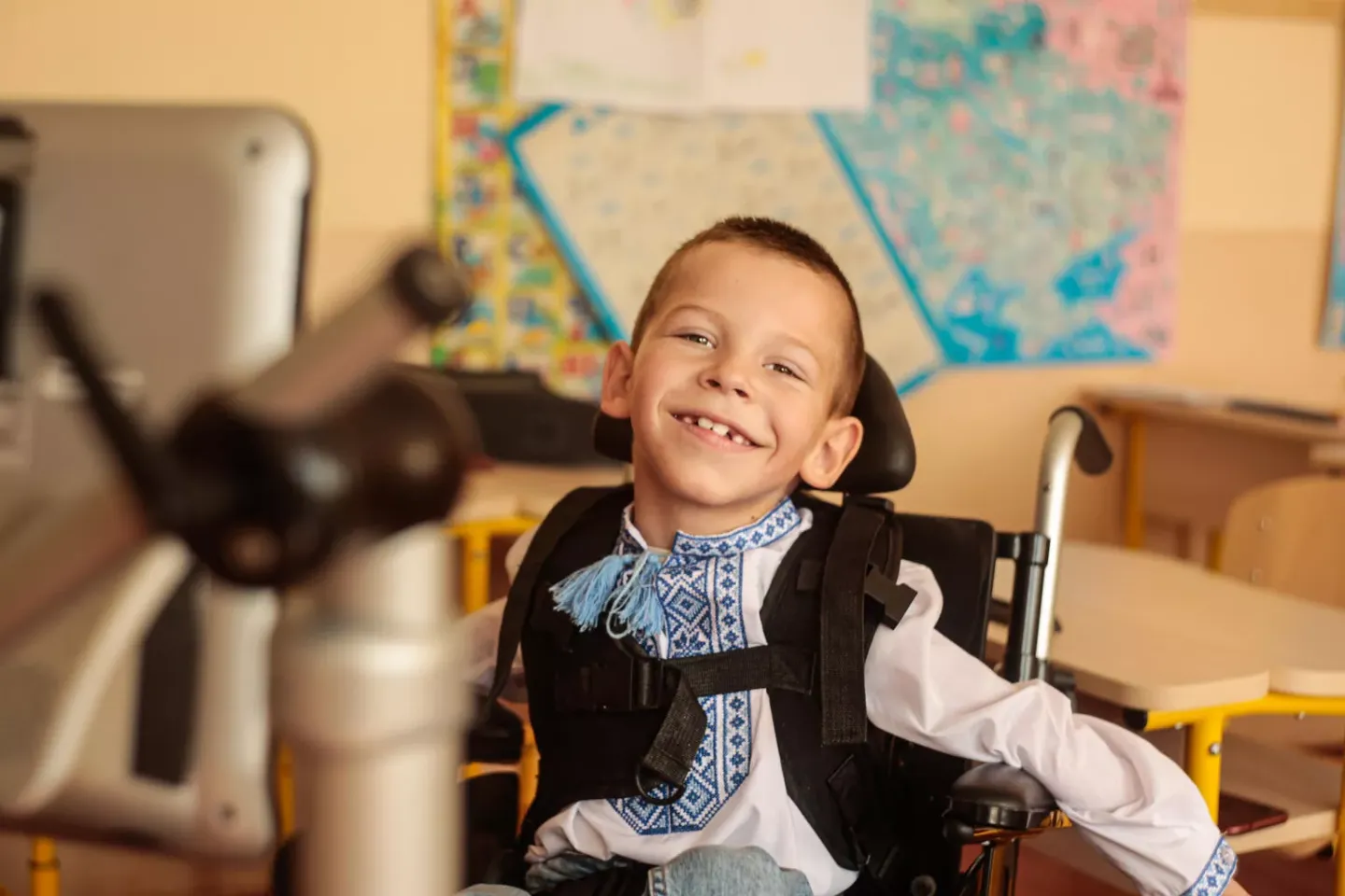 Bodhan, 7, likes to draw and to communicate with his eye tracker. Due to a developmental disorder, Bodhan is unable to move or speak on his  own. However, this has not prevented him from starting school. A special eye-tracking device provided by UNICEF uses sensor technology so  that Bohdan can express his thoughts, interact with his classmates and answer his teacher&rsquo;s questions. September 2023