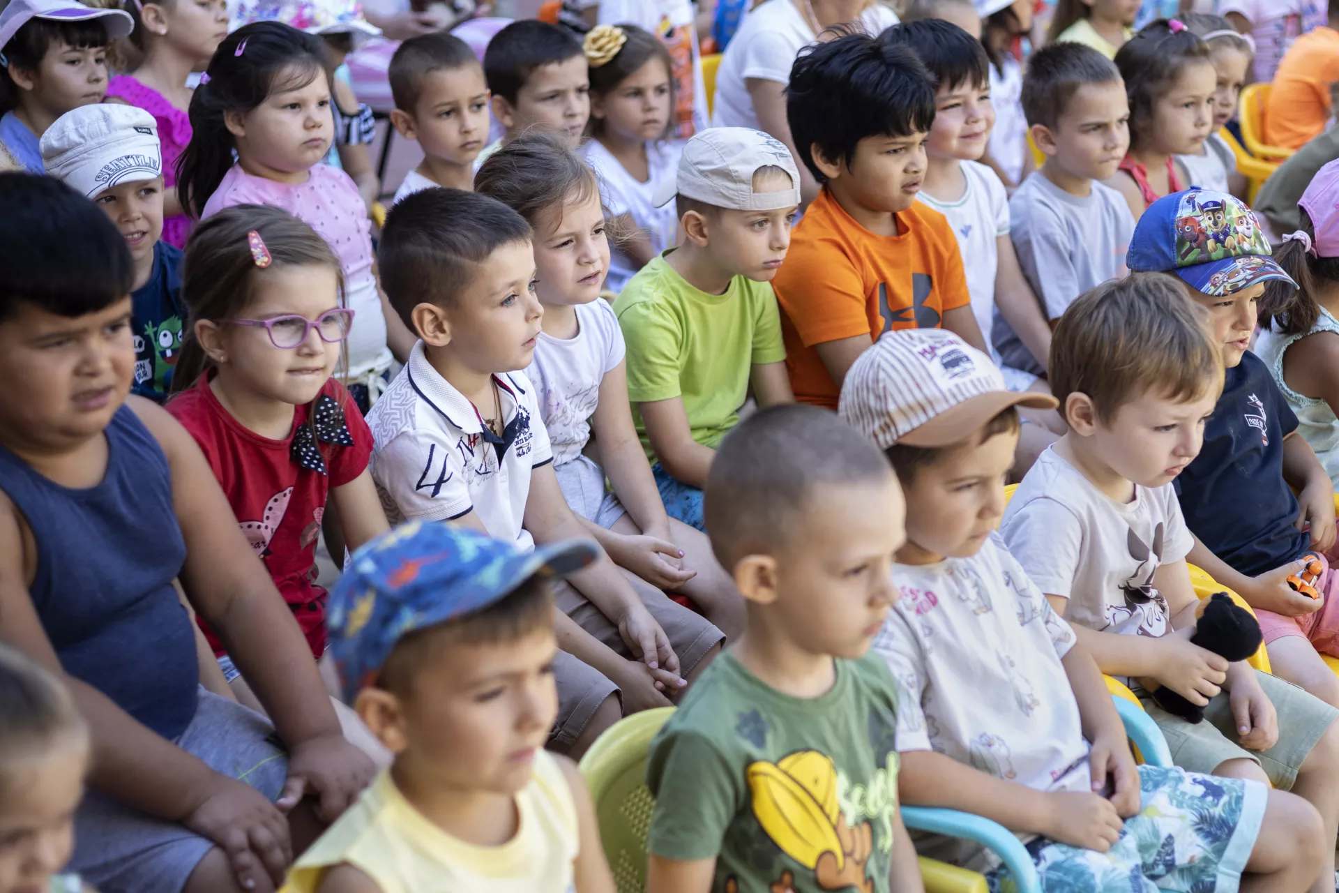 Children watch a theatre performance at the Zvezditsa Kindergarten in Burgas, Bulgaria. This school strives to give an inclusive early education to both special needs and non special needs children.