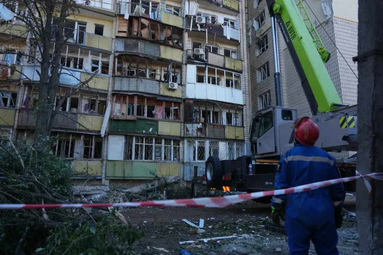 An apartment block in Kyiv that was damaged in an attack on 20 August 2026.