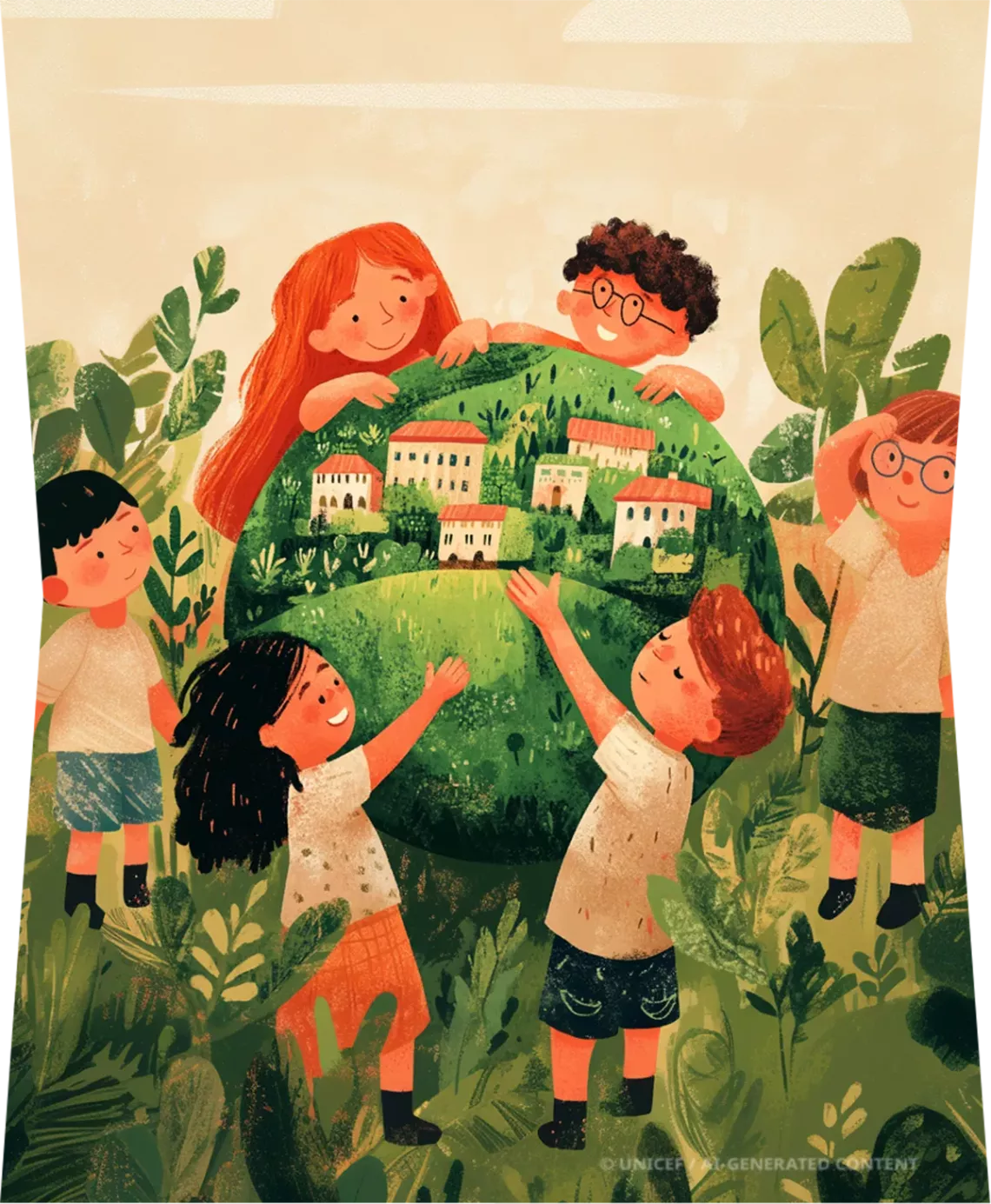 Illustration of children holding the world and smiling
