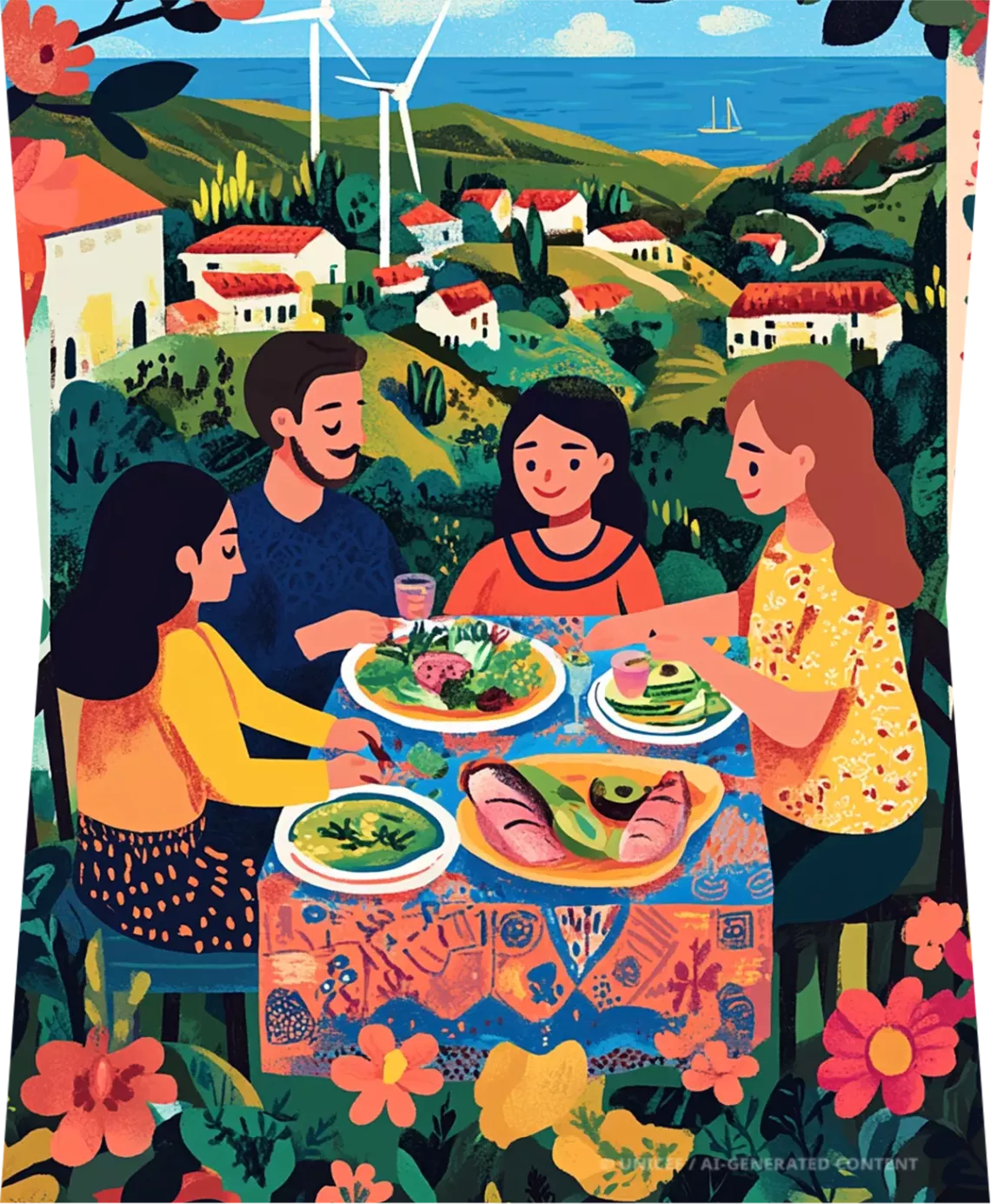 Illustration of family eating healthy food