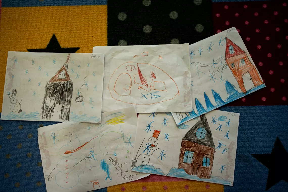Drawings made by Ukrainian children in Humanitarian Center in Gabč&iacute;kovo.