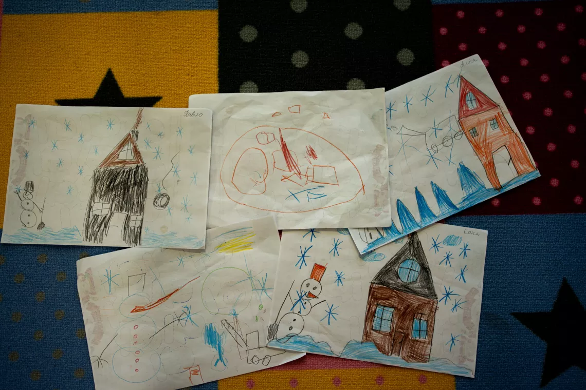 Drawings made by Ukrainian children in Humanitarian Center in Gabčíkovo.