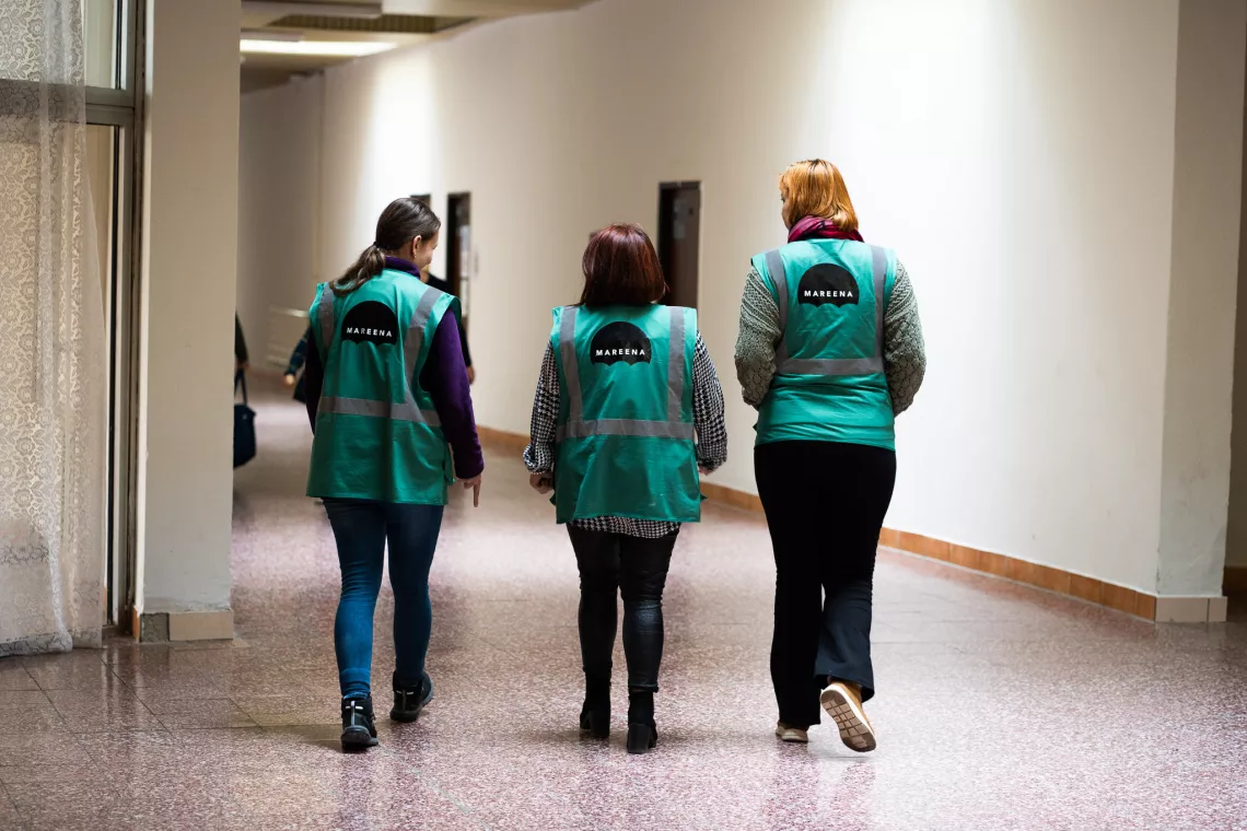 Social workers Katka, Melinda and Žaneta in the Humanitarian Center in Gabč&iacute;kovo.