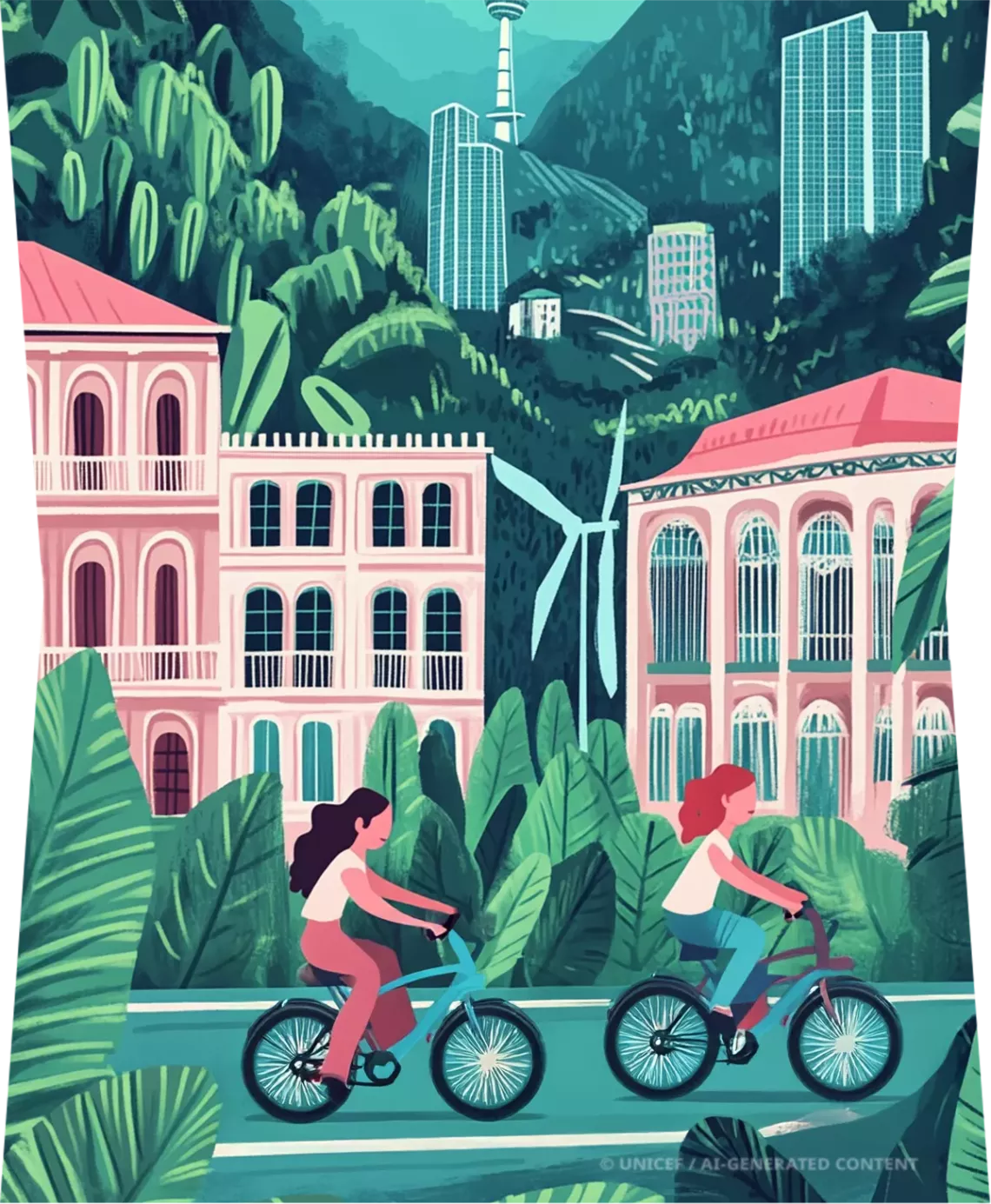 Illustration of two girls riding a bike in gree city in Georgia