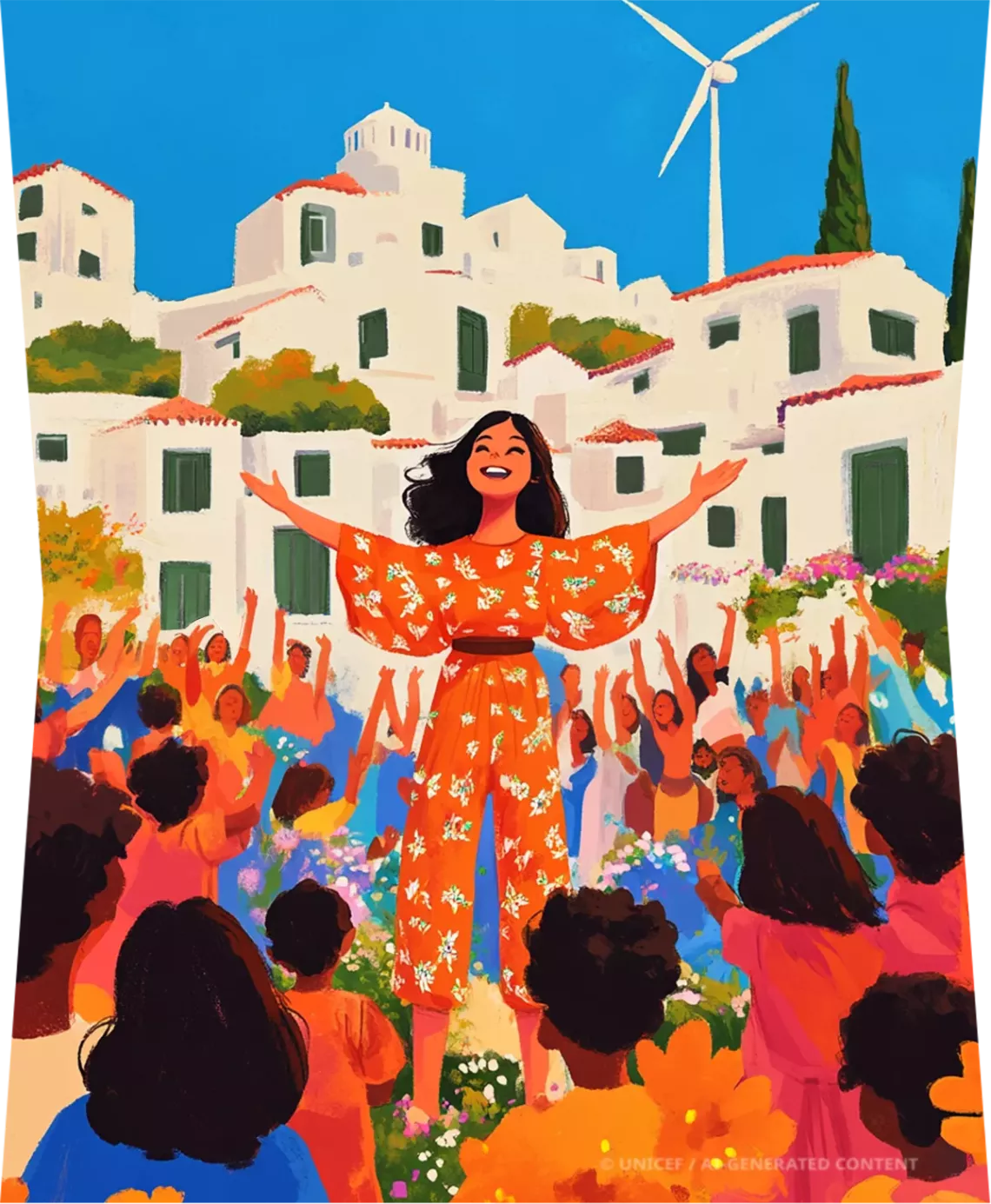 A illustration of a girl talking to other people in a greek island