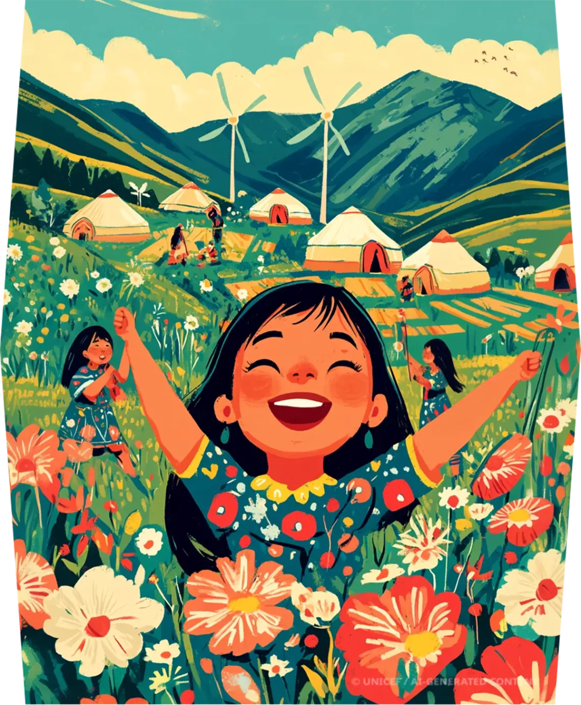 Illustration of a girl with flowers in Kyrgyzstan