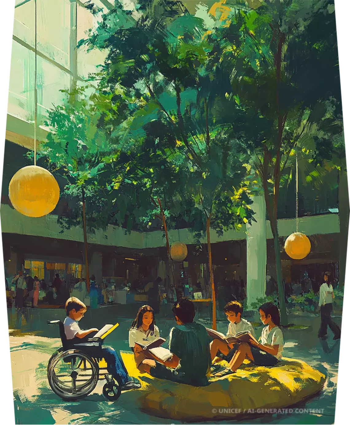 Illustration of children studying outside