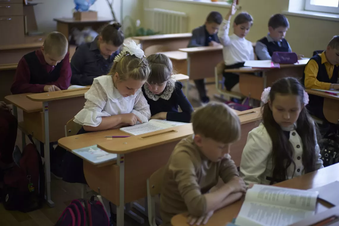Children at a class in school #46 in Vitebsk, Belarus. Students learn in integrated classes at this inclusive school, where special assistance is available to all students &ndash; whether or not they have learning disabilities or special needs. May 2018.