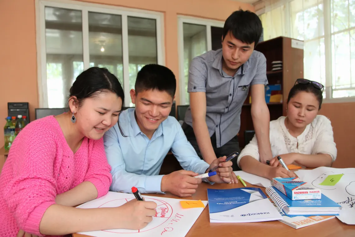 Young members working in group at one of their projects &nbsp;at the UNICEF supported Amir Temur Youth Center, Osh city, Osh Oblast, South Kyrgyzstan.